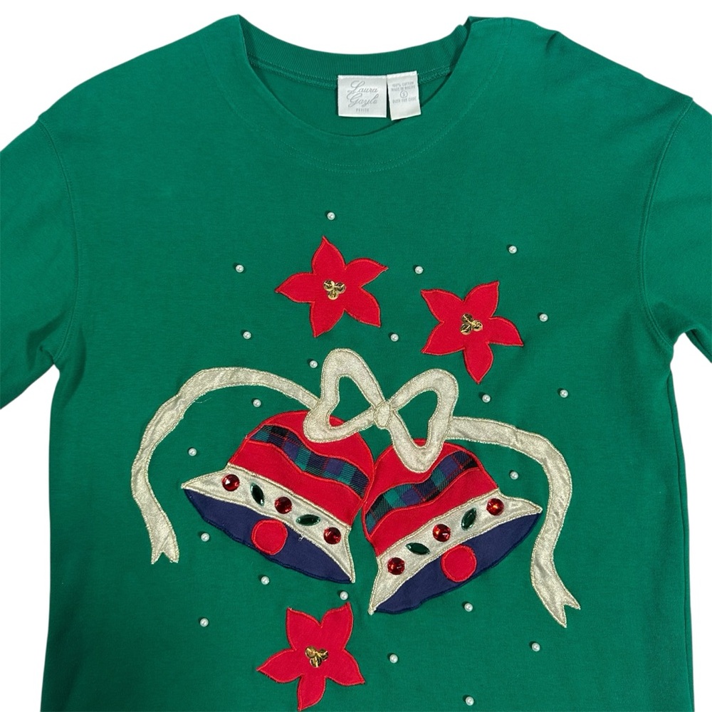 Vintage Laura Gayle Christmas Bells Sweatshirt Top Green Holiday Petite Small